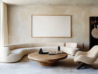 A living room with a white wall and a large white framed picture. A white couch is in the room with a coffee table in the middle. A chair is also present in the room
