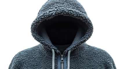 Hooded figure wearing black fleece jacket stands against a white background, creating an atmosphere of mystery and intrigue