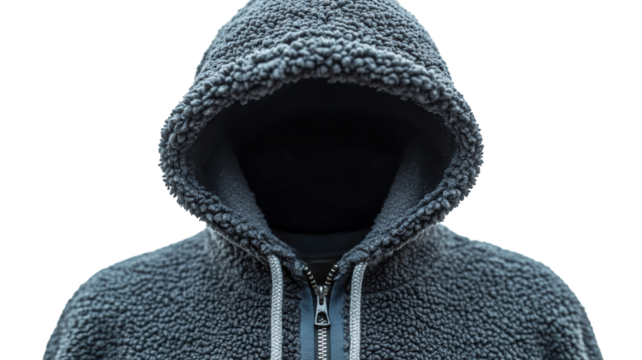 Hooded figure wearing black fleece jacket stands against a white background, creating an atmosphere of mystery and intrigue