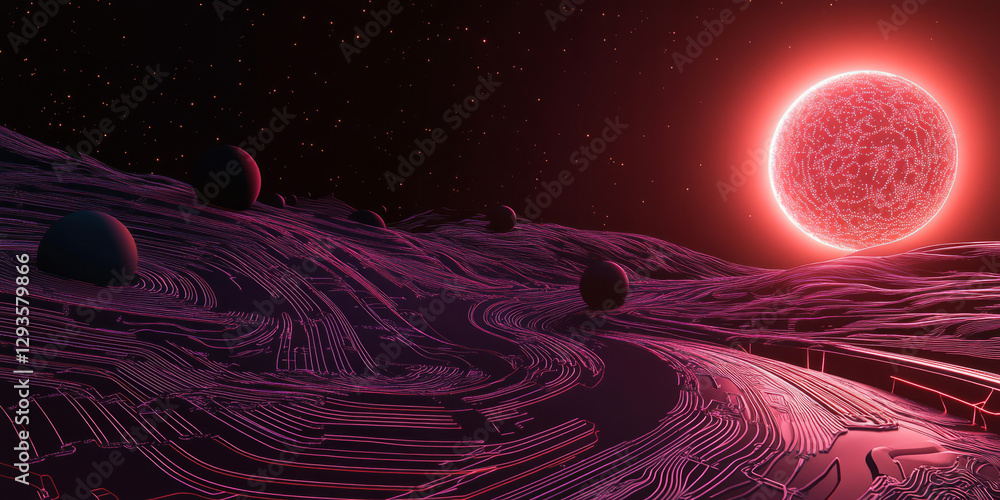 Poster a glowing futuristic ai-driven exoplanet exploration system, displaying cybernetic planetary mapping