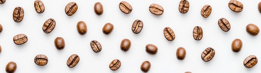Coffee beans scattered on a white background for culinary use