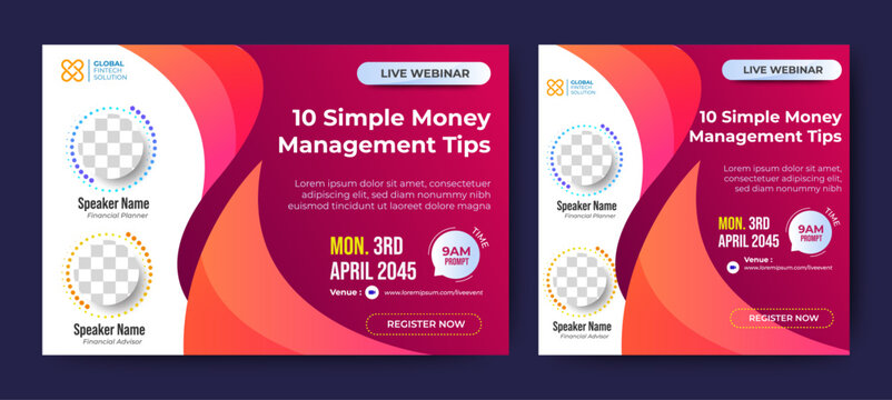 Financial Management Live webinar banner invitation template design. social media post template. Business webinar invitation design. Vector