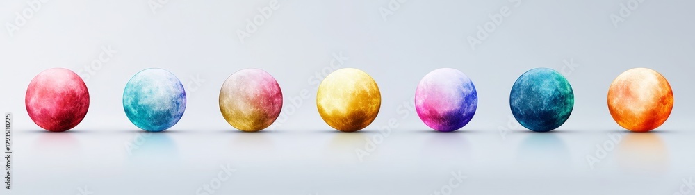 Poster colorful abstract spheres arranged in a row on a smooth surface