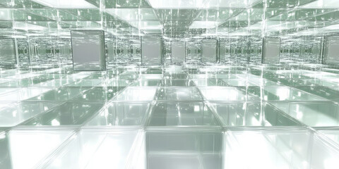 Obraz premium A futuristic abstract background featuring a floating matrix of transparent, glowing cubes arranged in a mesmerizing 3D grid. The seamless neon reflections and geometric precision create a stunning