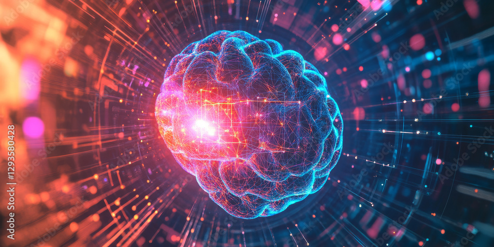 Poster a mesmerizing futuristic ai-driven neural ai fusion system, displaying glowing cybernetic artificial