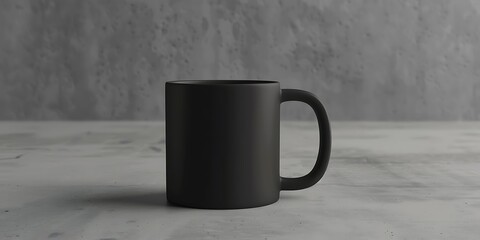 A black mug mockup against a grey surface captured from the left side to showcase its matte finish and minimalist design perfect for sophisticated branding