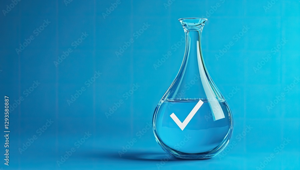 Poster clear glass droplet flask with checkmark on blue background