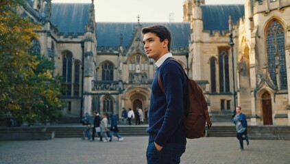 Fototapeta premium Student contemplates, backpack on, autumn campus