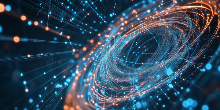A surreal abstract background featuring luminous, interwoven neon spirals forming a complex cybernetic web. The futuristic geometric design radiates high-tech energy, seamlessly blending motion and