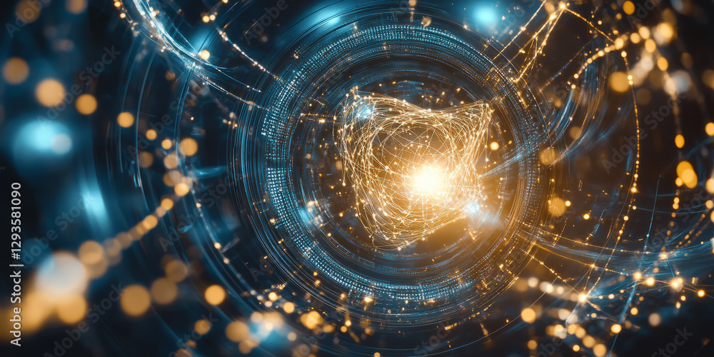 Poster a glowing futuristic quantum ai data hub, surrounded by swirling cybernetic energy trails, pulsating