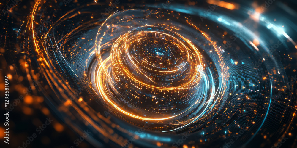 Poster a futuristic cybernetic supercomputer, surrounded by swirling ai-powered energy trails, glowing holo