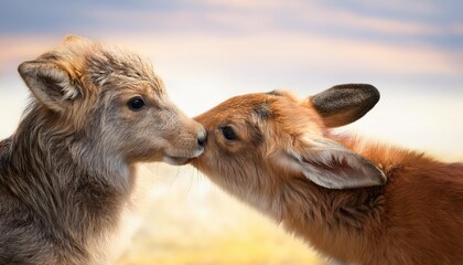 Obraz premium A Heartwarming Moment of Love Between Two Furry Friends Under a Moonlit Forest, Capturing the Softness and Serenity of Their Bond in a Whimsical Woodland Encounter.