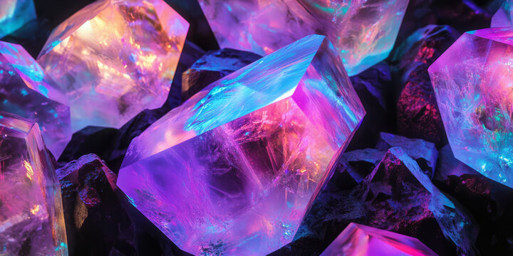 A mesmerizing abstract background inspired by crystalline formations, featuring floating, semi-transparent geometric shards softly glowing with an iridescent neon spectrum. The futuristic composition