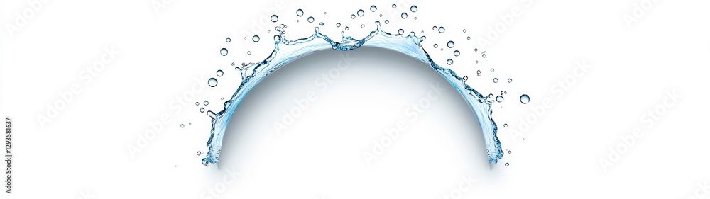 Poster water splash on white background creating circular arc with droplets