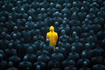Obraz premium Single Yellow-Clothed Person Amidst a Crowd of Dark-Clothed Individuals
