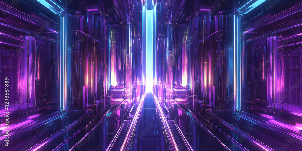 Poster a futuristic abstract background featuring cascading, iridescent neon strands dynamically interwoven