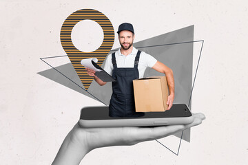 Art 3d sketch photo image collage of happy man hold box clipboard shipment service peek phone...