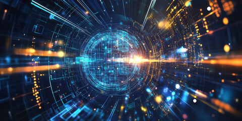 A mesmerizing holographic representation of an AI-driven digital metaverse, displaying glowing cybernetic landscapes, pulsating blockchain transaction grids, and intricate machine learning pathways.