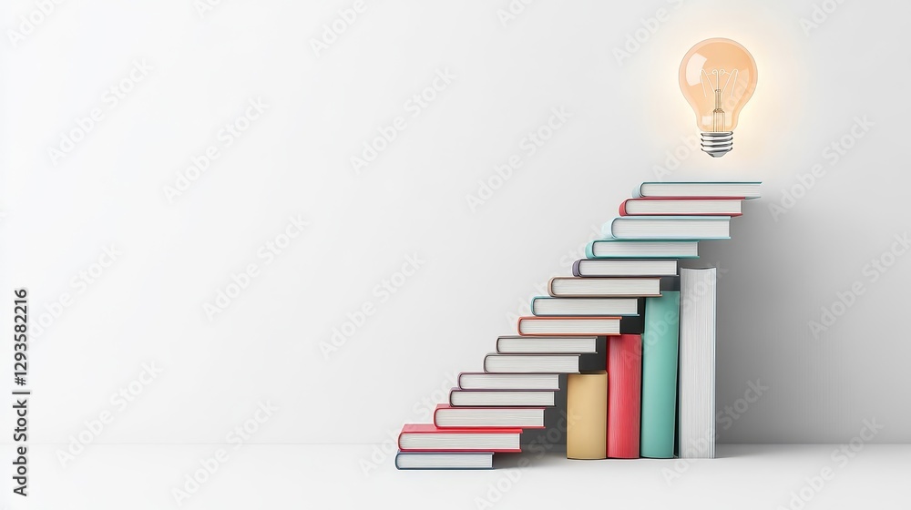 Poster conceptual image of books arranged as stairs with light bulb above