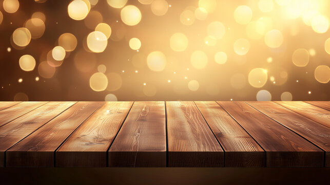 empty wooden table with bokeh background