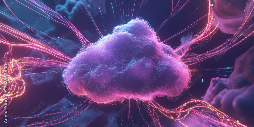 Poster a glowing futuristic deep learning data cloud, surrounded by swirling cybernetic energy trails, puls