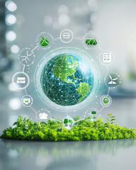Futuristic eco-friendly technology concept with a digital green earth surrounded by sustainable energy and environmental icons, Eco-friendly technologies for sustainable future.