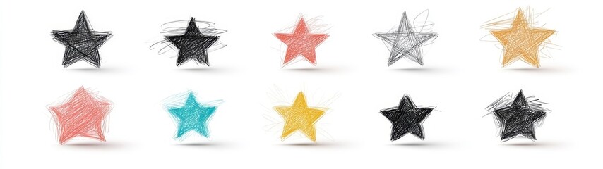 Colorful Hand-Drawn Stars in Various Shades and Styles on White Background
