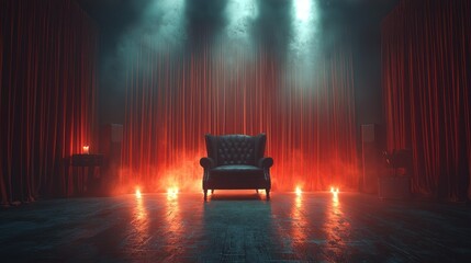Empty throne room with red velvet curtains