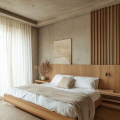 A bedroom view showing a bed with clean design