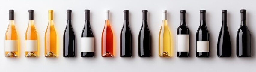 Assorted Wine Bottles on White Background with Blank Labels