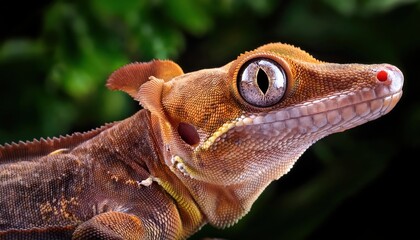 Majestic Ptychozoon lionotum Soaring through a Lush, Enchanted Rainforest as the Sun Sets, with Vibrant Greens and Rich Reds Transforming the Skyline.