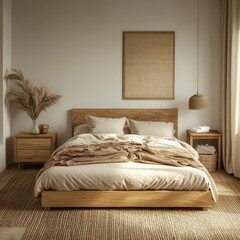 A cozy bedroom with modern decor and rustic elements