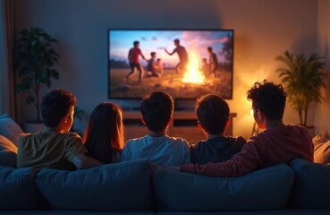 Back view of friends watching movie on TV set. Young people sit on sofa and watch TV together. Group relax on couch at home and enjoy media entertainment. Home interior. Friendship time.