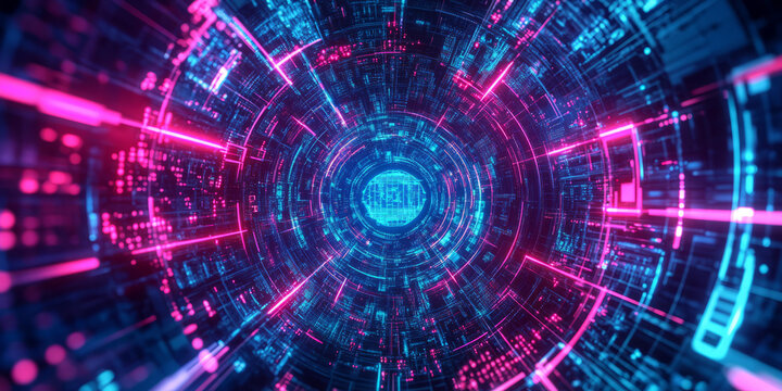 A futuristic AI-powered ultra-fast computing network, featuring glowing cybernetic quantum data processing pathways, pulsating holographic real-time algorithm execution grids, and swirling
