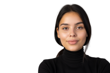 Stoic Native American female project manager in turtleneck isolated on transparent white background