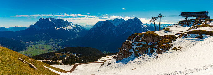 High resolution stitched alpine summer panorama at Mount Grubigstein, Lermoos, Reutte, Tyrol,...