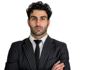 Serious young Arab male lawyer in pinstripe suit isolated on transparent white background