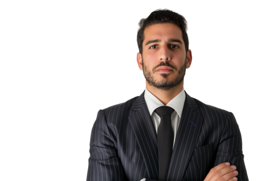 Serious young Arab male lawyer in pinstripe suit isolated on transparent white background