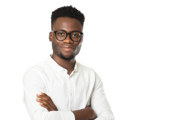 Relaxed young Black male freelance consultant in rolled-up sleeves isolated on transparent white background