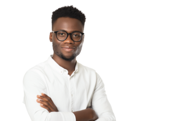 Relaxed young Black male freelance consultant in rolled-up sleeves isolated on transparent white background
