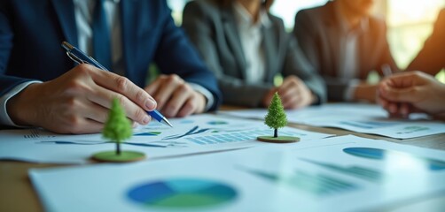 Fototapeta premium Corporate leaders at meeting discuss enviro goals, analyze graphs with stats. Miniature trees showcase dedication eco-friendly initiatives, sustainable investment, responsible growth, green strategy.