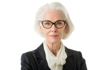 Sophisticated elderly female corporate attorney with glasses isolated on transparent white background