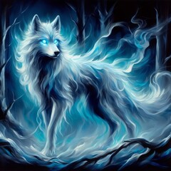 Naklejka premium Ethereal Wolf with Glowing Blue Eyes