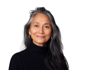 Stoic senior Native American female project manager in turtleneck isolated on transparent white background