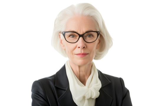 Sophisticated elderly female corporate attorney with glasses isolated on transparent white background