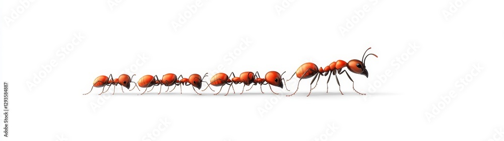Poster line of red ants marching single file on white background