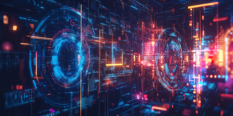 Fototapeta premium A glowing futuristic AI-driven personal assistant interface, featuring cybernetic smart home automation pathways, pulsating holographic IoT control grids, and swirling digital voice command