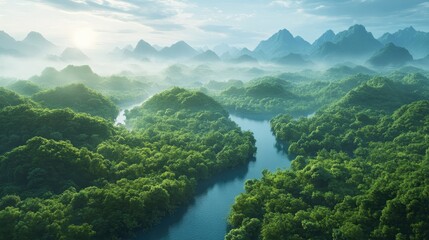 A serene river meanders through a verdant forest, its deep azure waters glinting beside emerald-green foliage that whispers secrets of nature's tranquil harmony