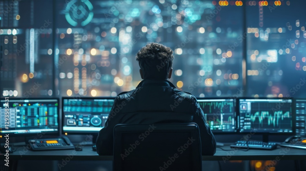 Poster monitoring data streams at a high-tech workstation in a city sky