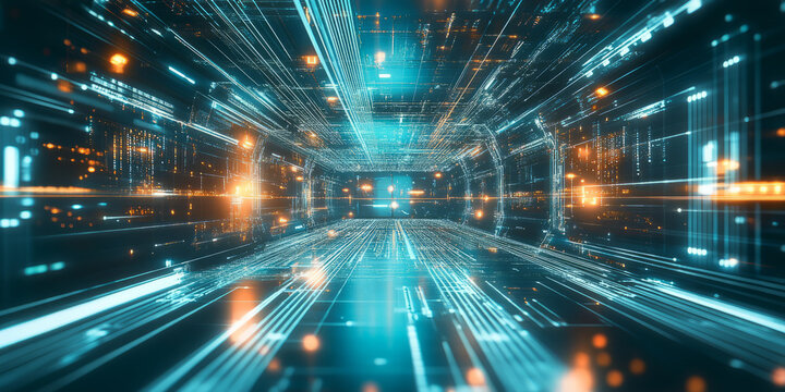 A futuristic AI-powered ultra-fast computing network, featuring glowing cybernetic quantum data processing pathways, pulsating holographic real-time algorithm execution grids, and swirling